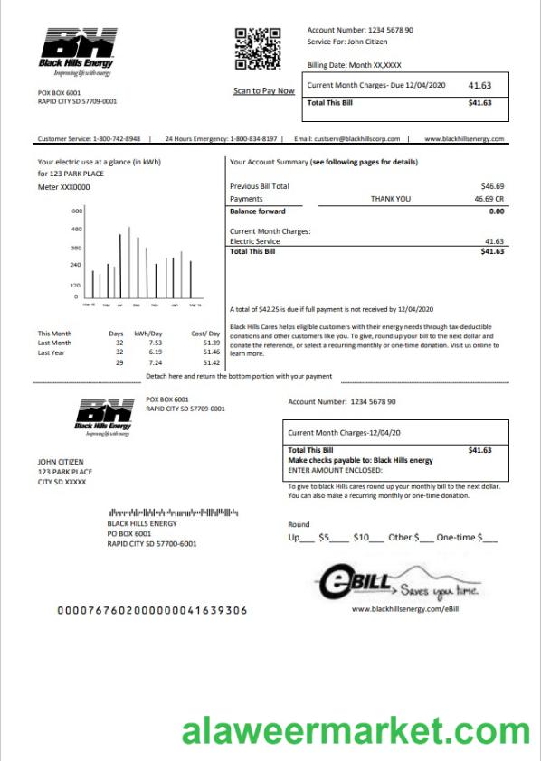 USA South Dakota Black Hills Energy utility bill template in Word and PDF format